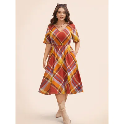 Bloomchic Women's Plus Size V Neck Plaid Ruffle Sleeve Dress Crimson Plaid Midi Everyday Colorblock 10/m In Red