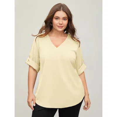 Bloomchic Women's Plus Size V Neck Plain Pleated Tab Sleeve Blouse Beige Solid Office 3/4 Sleeve V-neck 10/m In Sand