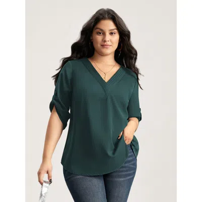 Bloomchic Women's Plus Size V Neck Plain Pleated Tab Sleeve Blouse Cyan Solid Office 3/4 Sleeve V-neck 10/m In Blue