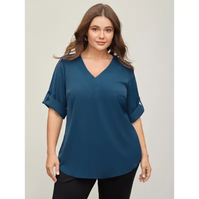 Bloomchic Women's Plus Size V Neck Plain Pleated Tab Sleeve Blouse Indigo Solid Office 3/4 Sleeve V-neck 10/m In Purple