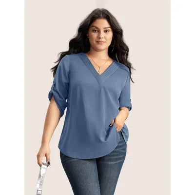 Bloomchic Women's Plus Size V Neck Plain Pleated Tab Sleeve Blouse Stone Solid Office 3/4 Sleeve V-neck 12/l In Gray
