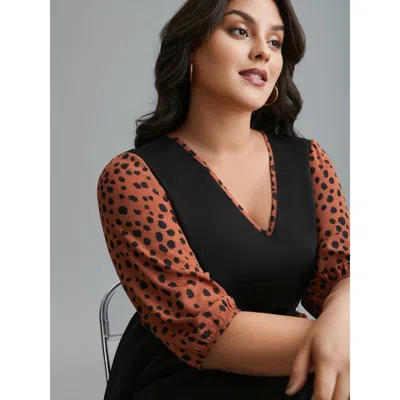 Bloomchic Women's Plus Size V Neck Polka Dot Color Contrast Dress Black Polka Dots Midi Everyday Belted 22-24/