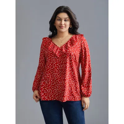 Bloomchic Women's Plus Size V Neck Ruffle Heart Blouse Crimson Heart Everyday Extra Long Sleeve 28/5x In Red