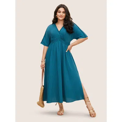 Bloomchic Women's Plus Size V Neck Shirred Contrast Webbing Split Side Dress Aegean Solid Maxi Vacation Smocke In Blue