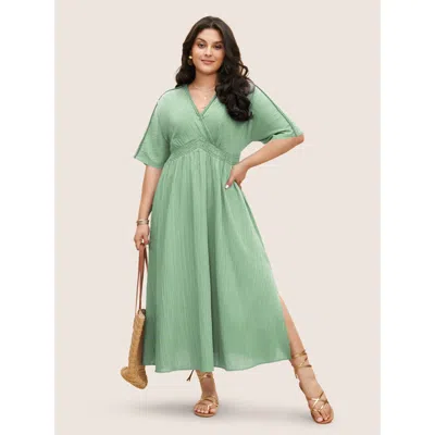 Bloomchic Women's Plus Size V Neck Shirred Contrast Webbing Split Side Dress Greenbean Solid Maxi Vacation Smo