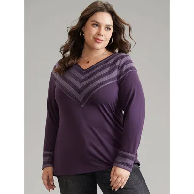 Bloomchic Women's Plus Size V Neck Solid Patchwork Knit T-shirt Purple Everyday Long Sleeve 14-16/1x
