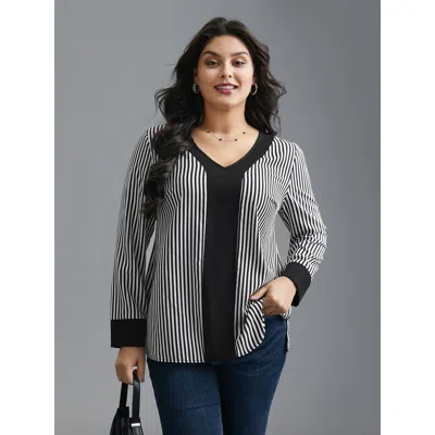 Bloomchic Women's Plus Size V Neck Striped Patchwork Blouse Black Stripes Office Extra Long Sleeve 14-16/1x