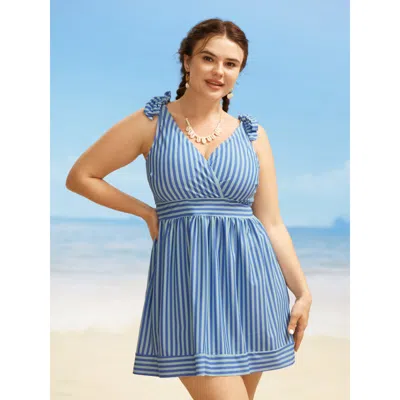 Bloomchic Women's Plus Size V Neck Striped Tie Knot Gathered Swim Dress Skyblue Stripes Gathered Adaptive-fit  In Blue