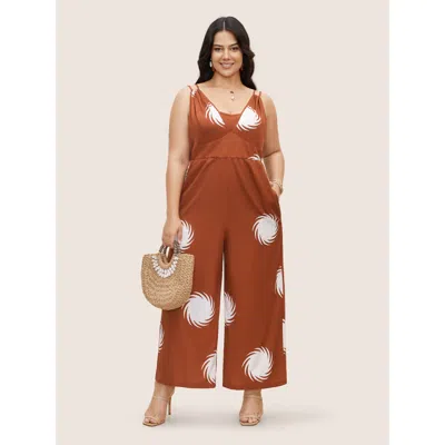 Bloomchic Women's Plus Size V Neck Sun Print Gathered Jumpsuit Maroon Vacation 12/l In Burgundy