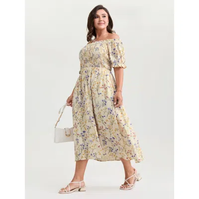 Bloomchic Women's Plus Size Vanilla Print Shirred Off-shoulder Midi Dress Beige Ditsy Floral Midi Elegant Shir In Sand