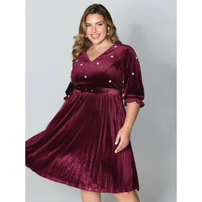 Bloomchic Women's Plus Size Velvet Beads Pleated Skirt Midi Dress Burgundy Party Knee 10/m
