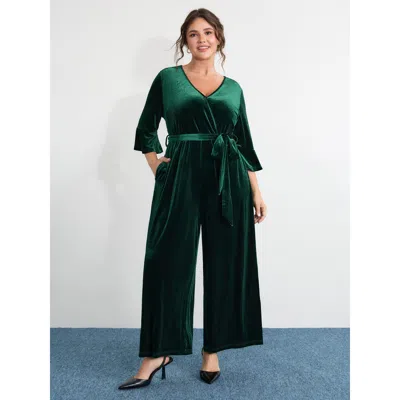 Bloomchic Women's Plus Size Velvet Belted Wide-leg Pockets Jumpsuit Darkgreen Elegant Relaxed Fit 10/m In Green