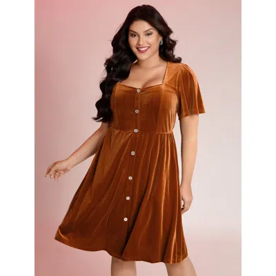 Bloomchic Women's Plus Size Velvet Button Pockets Flutter Sleeve Midi Dress Amber Non Knee Elegant Button 10/m In Orange