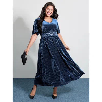 Bloomchic Women's Plus Size Velvet Celestial Embroidery Shirred Maxi Dress Darkblue Solid Maxi Party Embroider In Blue