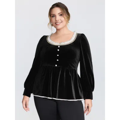 Bloomchic Women's Plus Size Velvet Contrast Neckline Button Knit Top Black Sleeveless Elegant 10/m