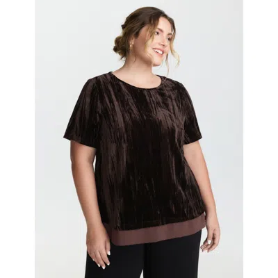 Bloomchic Women's Plus Size Velvet Contrast Round Neck T-shirt Darkbrown Non Elegant Short Sleeve 14-16/1x In Brown