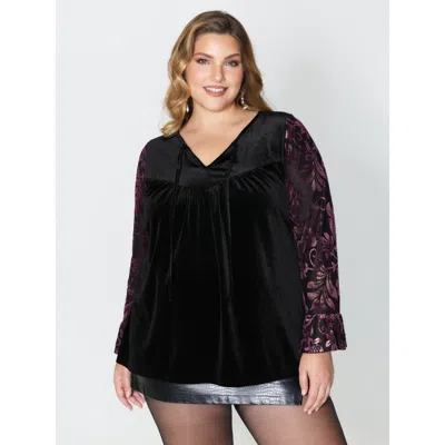 Bloomchic Women's Plus Size Velvet Cut-out Neck Spliced Knit Top Black Extra Long Sleeve Party 12/l