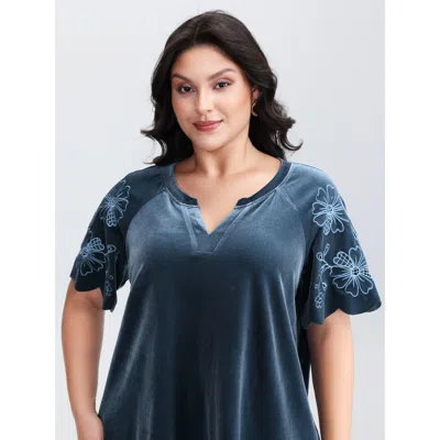 Bloomchic Women's Plus Size Velvet Embroidered Mesh Sleeve Stretchy Blouse Mediumblue Non Elegant Short Sleeve