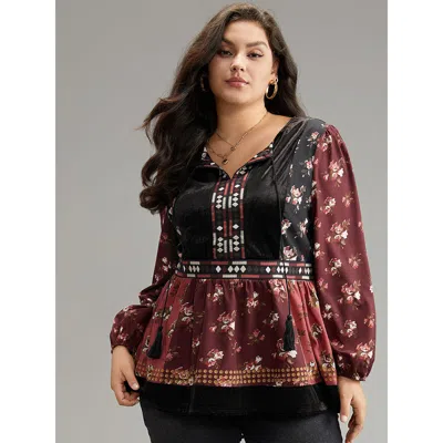 Bloomchic Women's Plus Size Velvet Floral Contrast Knot Neck Tassel Blouse Scarlet Dailywear Long Sleeve 22-24 In Red