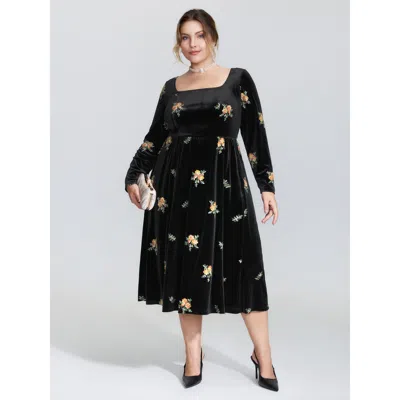 Bloomchic Women's Plus Size Velvet Floral Embroidered Pockets Midi Dress Blackflower Floral Midi Elegant 12/l