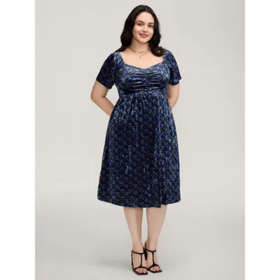 Bloomchic Women's Plus Size Velvet Floral Gathered Bodice Midi Dress Black Ditsy Floral Midi Elegant Gathered 