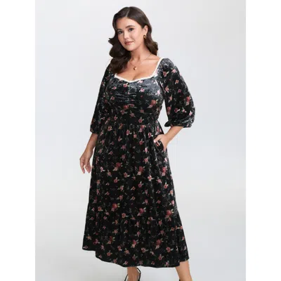Bloomchic Women's Plus Size Velvet Floral Lace Ruched Midi Dress Black Floral Midi Elegant 30/6x