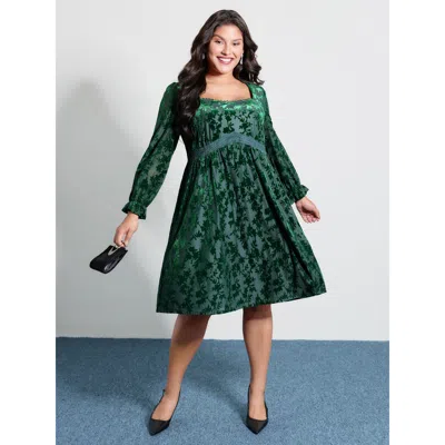Bloomchic Women's Plus Size Velvet Floral Print Lace Pockets Party Dress Darkgreen Party Knee 10/m In Green