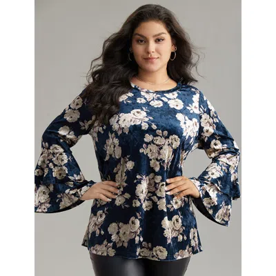 Bloomchic Women's Plus Size Velvet Floral Tiered Flounce Sleeve T-shirt Aegean Long Sleeve Dailywear 10/m In Blue