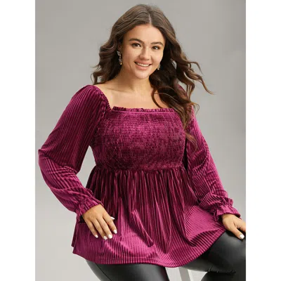 Bloomchic Women's Plus Size Velvet Frill Trim Shirred Square Neck Blouse Redviolet Party Long Sleeve 10/m