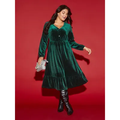 Bloomchic Women's Plus Size Velvet Front Button Pleated Midi Dress Darkgreen Non Midi Party Texture 12/l In Green