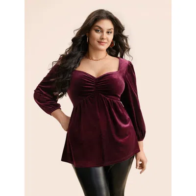 Bloomchic Women's Plus Size Velvet Heart Neckline Gathered Blouse Burgundy Solid Elegant 3/4 Sleeve Sweetheart