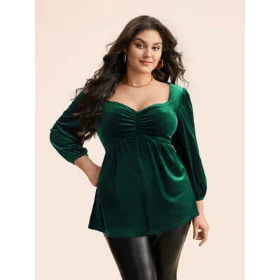 Bloomchic Women's Plus Size Velvet Heart Neckline Gathered Blouse Darkgreen Solid Elegant 3/4 Sleeve Sweethear In Green