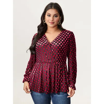 Bloomchic Women's Plus Size Velvet Heart Print Stretchy Waist Blouse Blackflower Polka Dots Elegant Long Sleev