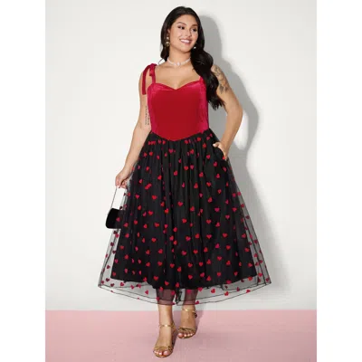 Bloomchic Women's Plus Size Velvet Heart Shaped Flocked Shoulder-tie Maxi Dress Crimson Heart Maxi Party Mesh  In Red