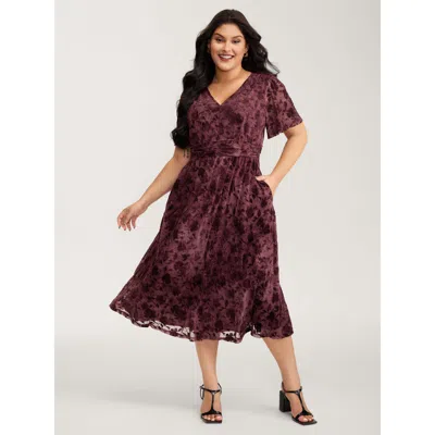 Bloomchic Women's Plus Size Velvet Jacquard Pleated Waist Sheer Midi Dress Burgundy Tie-dye Midi Elegant Cable