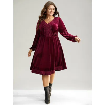 Bloomchic Women's Plus Size Velvet Lace Panel Elastic Cuffs Dress Burgundy Festival-christmas Elastic Cuffs 18