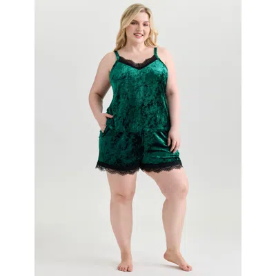 Bloomchic Women's Plus Size Velvet Lace Stretchy Waist Co-ord Pajama Set Cyan Not Graphics 10/m In Blue