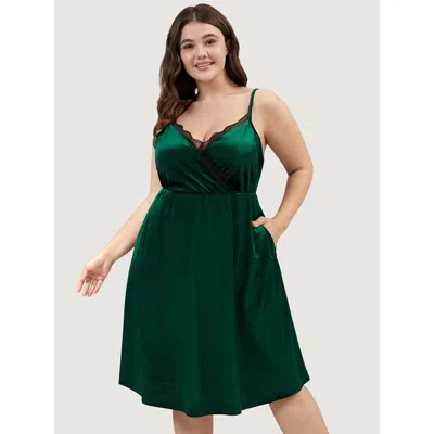 Bloomchic Women's Plus Size Velvet Lace Trim Pocket Spaghetti Strap Nightgown Darkgreen Sleeveless 10/m In Green