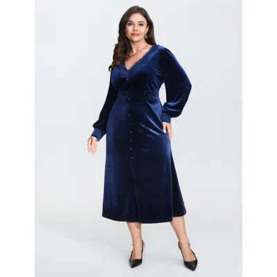 Bloomchic Women's Plus Size Velvet Lace Trim Waist-defining Midi Dress Darkblue Solid Midi Elegant Button Fron In Blue