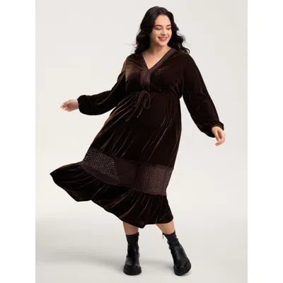 Bloomchic Women's Plus Size Velvet Lace Trim Waist-tie Maxi Dress Darkbrown Non Midi Casual 10/m In Brown