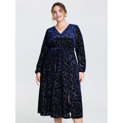 Bloomchic Women's Plus Size Velvet Laser Cut Faux Wrap Midi Dress Navy Floral Midi Elegant 10/m In Blue