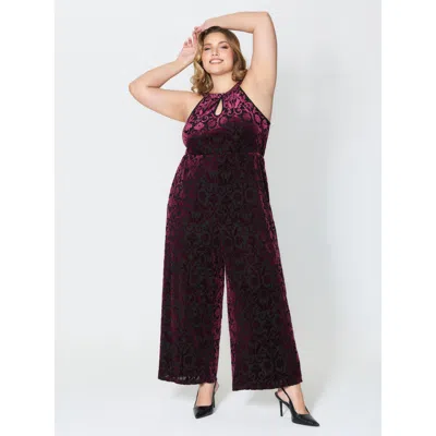 Bloomchic Women's Plus Size Velvet Laser Cut Lined Wide-leg Jumpsuit Burgundy Party 10/m