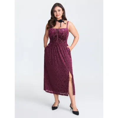 Bloomchic Women's Plus Size Velvet Laser Cut Pattern Drawstring Midi Dress Burgundy Solid Midi Elegant Jacquar