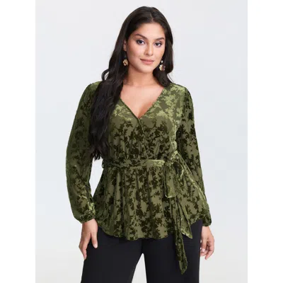 Bloomchic Women's Plus Size Velvet Laser Cut Side-tie Blouse Armygreen Floral Elegant Long Sleeve V-neck 12/l