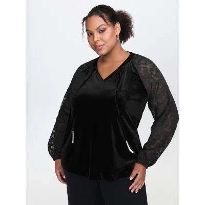 Bloomchic Women's Plus Size Velvet Leopard Laser Cut Neck-tie Blouse Black Synthetic Texture Elegant Long Slee