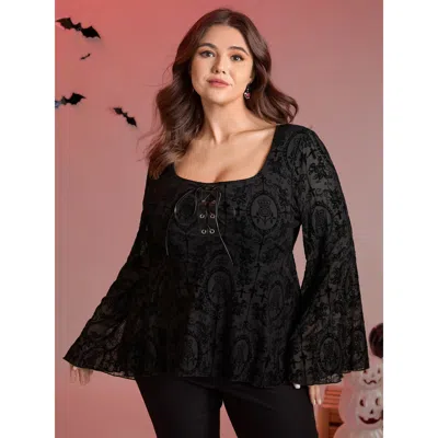 Bloomchic Women's Plus Size Velvet Mesh Cross-ties Flared Top Black Extra Long Sleeve Elegant 10/m