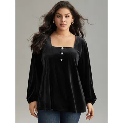 Bloomchic Women's Plus Size Velvet Metal Button Detail Blouse Black Solid Casual Long Sleeve Square Neck 30/6x