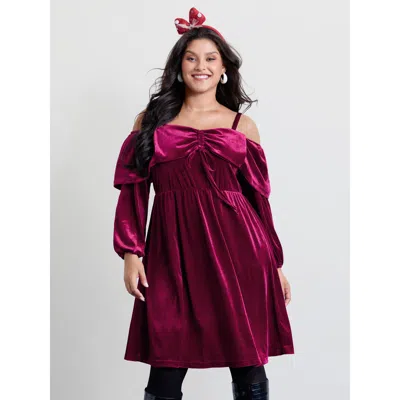 Bloomchic Women's Plus Size Velvet Off-shoulder Bow Pockets Midi Dress Burgundy Non Knee Party 22-24/3x