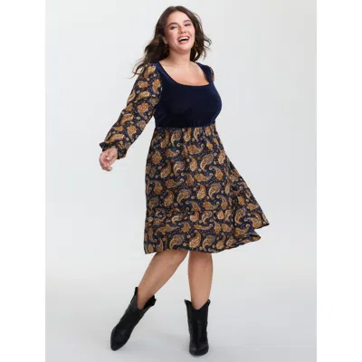 Bloomchic Women's Plus Size Velvet Paisley Print Spliced Midi Dress Indigo Paisley Knee Vacation Colorblock 10 In Purple
