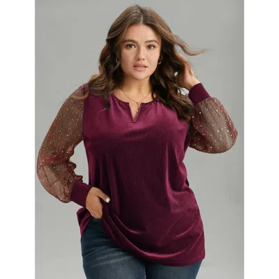 Bloomchic Women's Plus Size Velvet Patchwork Mesh Sequin Notched T-shirt Burgundy Long Sleeve Party V-notch Ne